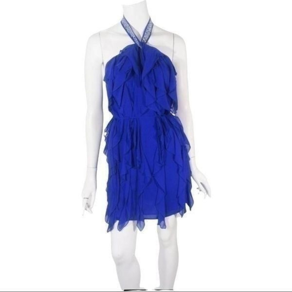 Madison Marcus Blue Halter Silk‎ Dress Tiered XS